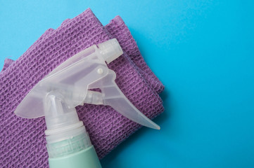 set of cleaning objects on blue background