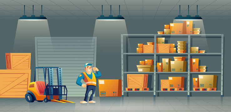 Delivery, cargo logistics or postal service warehouse interior cartoon vector with hydraulic forklift, racks filled boxes on palettes and happy smiling worker in uniform showing biceps illustration
