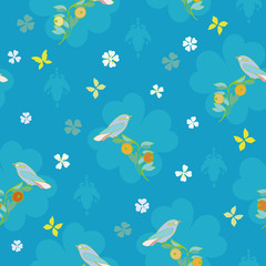Fototapeta na wymiar Blue vector repeat pattern with blue birdy, yellow butterfly and white blossoms. Surface pattern design.