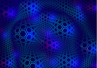 Abstract technical background of spheres and hexagons.   Perspective circle with the effect of glow and glare. Vector illustration