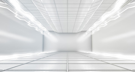 Modern Hi-Tech Empty Space Dark Room With White Color Neon Glowing Light Tubes.  Abstract Futuristic concept background. 3D Rendering Illustration