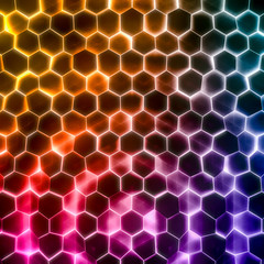 Abstract wave form glow light color hexagonal background. Grunge Polygonal Hex geometry surface . Futuristic colorful technology texture concept. 3d Rendering.