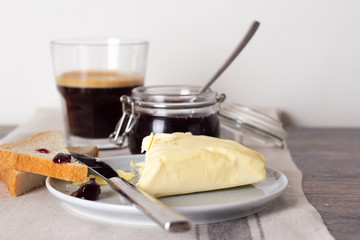 bread with butter and jam and place for text close up.