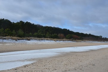 Strand auf Usedom mit Küstenschutzwald im Winter mit Schnee - Ostsee