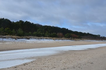 Strand auf Usedom mit K&uuml;stenschutzwald im Winter mit Schnee - Ostsee