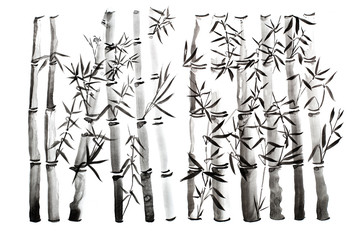 Hand drawn bamboo leaves and branch set, ink painting. Traditional dry calligraphic brush painting....