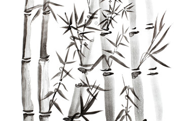 Hand drawn bamboo leaves and branch set, ink painting. Traditional dry calligraphic brush painting. (isolated on white background)