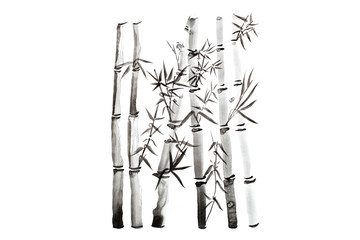 Hand drawn bamboo leaves and branch set, ink painting. Traditional dry calligraphic brush painting. (isolated on white background)