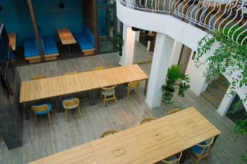 Top view of open space with wooden tables and chairs. Modern cozy hall with plants and television set on granite wall. Coworking space concept