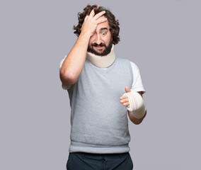 young man broken bones. injury and victim of an accident concept