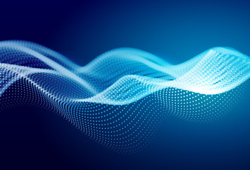 Abstract blue digital landscape with flowing particles. Cyber or technology background.