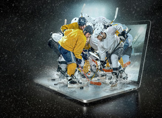 Caucasian ice hockey Players in dynamic action in a professional