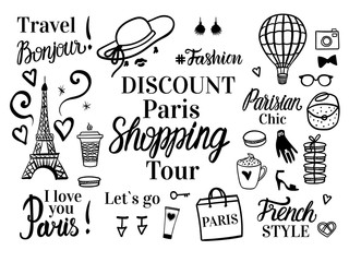 Banner Paris Discount tour. Set shopping black sketch fashion illustration. Vector isolated on white. Lettering inscriptions.