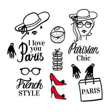 Set Paris lettering type. French Style woman Fashion black illustration woman. Vector hand sketch. Clothing, hat, shoes