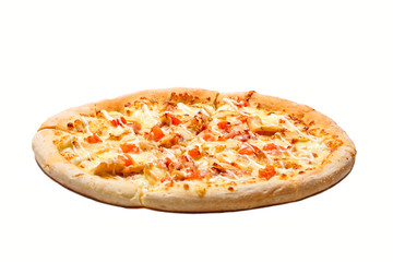 Fresh tasty pizza with cheese, chicken, ham, pepper and meat isolated on white background