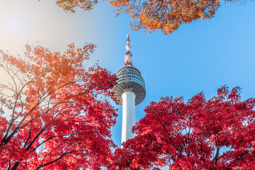 The spiers of the N Seoul Tower or Namsan Tower in autumn in Seoul, South Korea