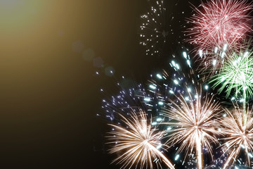 Fototapeta na wymiar Fireworks festival background, New Year, Christmas, Copy space.