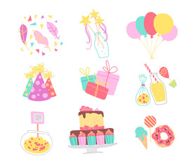 Vector collection of birthday party decor elements - confetti, hat, magic wand, bd cake, candy, balloons, gifts isolated. Flat cartoon style. Good for cards, invitations, patterns, tags, banners etc.