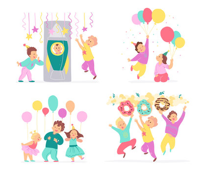 Vector collection of birthday party kids, decor idea elements isolated on white background - balloons, candy, rocket, garland. Flat hand drawn cartoon style. Good for cards, patterns, tags, invitation