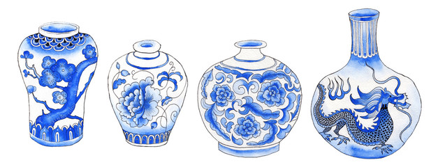 Asian traditional vases isolated on white painted with watercolor