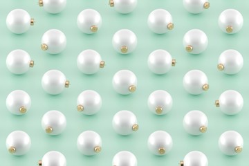 Minimal Christmas pattern. White Christmas ornaments on mint green glossy background.
