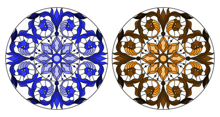 Set of illustrations in stained glass style with round floral arrangements, blue and brown