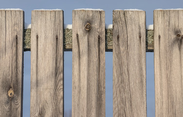 Old unpainted wooden fence with nails in the snow against the sky
