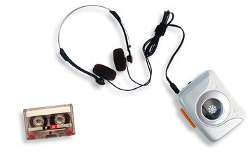 Portable tape player with radio and cassette tape isolated on white background, gadgets for The...