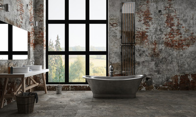 Dark, industrial bathroom with peeling paint