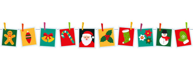 Christmas seamless garland. Christmas festive texture for wallpaper. flat vector illustration. Santa Claus mail concept.