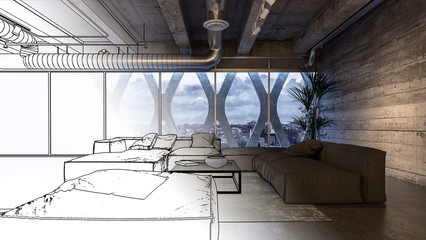 Luxury penthouse lounge room split illustration