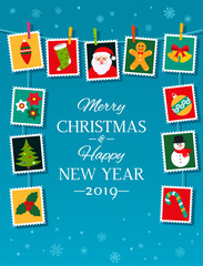 Christmas poster or greeting card. Traditional hanging Christmas decorations and garlands - Santa, holly, snowman, Christmas ball, gingerbread.