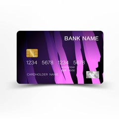 Modern credit card template design. With inspiration from the line abstract. Purple and black color on gray background illustration. Glossy plastic style.