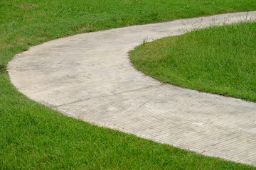 Round curve cement walkway in the fresh green grass garden