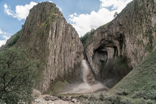 Russia, Upper Baksan Valley, Caucasus, Mount Elbrus, waterfalls in the mountains