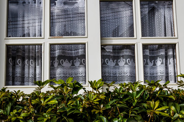 janela de vidro com cortina  de artesanato e plantas