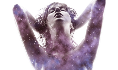 beauty and sensuality concept - double exposure of beautiful seductive woman and purple galaxy over white background