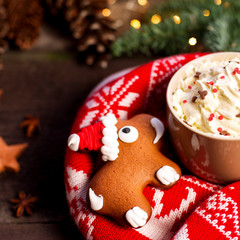 Cup of cocoa with cream and gingerbread against pine branches and traditional knitted sweater. Xmas concept.