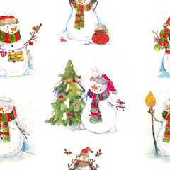 Seamless watercolor pattern with little bunny, bird, tree and snowman. Christmas child illustration. Happy new Year.