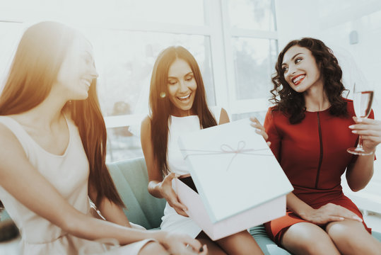 Girls Are Drinking Champagne Before Hen-Party.