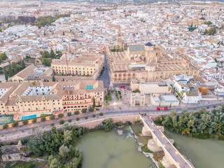 Aerial view of Roman bridge and Mosque - Cathedral of Cordoba, Andalusia, Spain