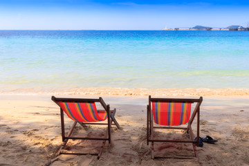 View of the nice tropical empty sandy beach chair at Sattahip (Chonburi Thailand)