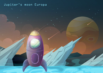 Europa moon, Jupiter satellite with space ship. © Elegant Solution