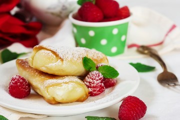 Cheese Blintz - Valentines day breakfast concept, selective focus