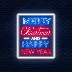 Merry Christmas and happy new year neon lettering on dark background. Can be used for greeting card, invitation and other. Vector illustration.