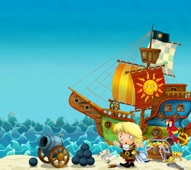 Naklejka premium Kreskówka scena plaży w pobliżu morza lub oceanu - kobieta kapitan piratów na brzegu z armatą i skrzynią skarbów - statek piracki - ilustracja dla dzieci