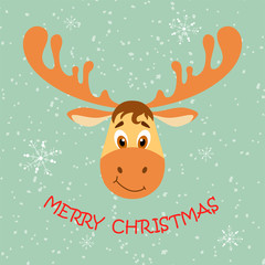 Cartoon deer face with the inscription Merry Christmas on a light gray-green background of snow and snowflakes. Flat style illustration