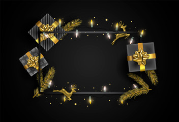 Gold Christmas card frame template with gifts