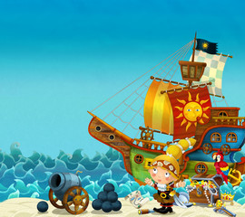 Naklejka premium Scena kreskówki plaży w pobliżu morza lub oceanu - pirat kapitan kobieta na brzegu z armaty i skarbów - statek piracki - ilustracja dla dzieci