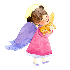 Little Angel. Silent night. Watercolor illustration